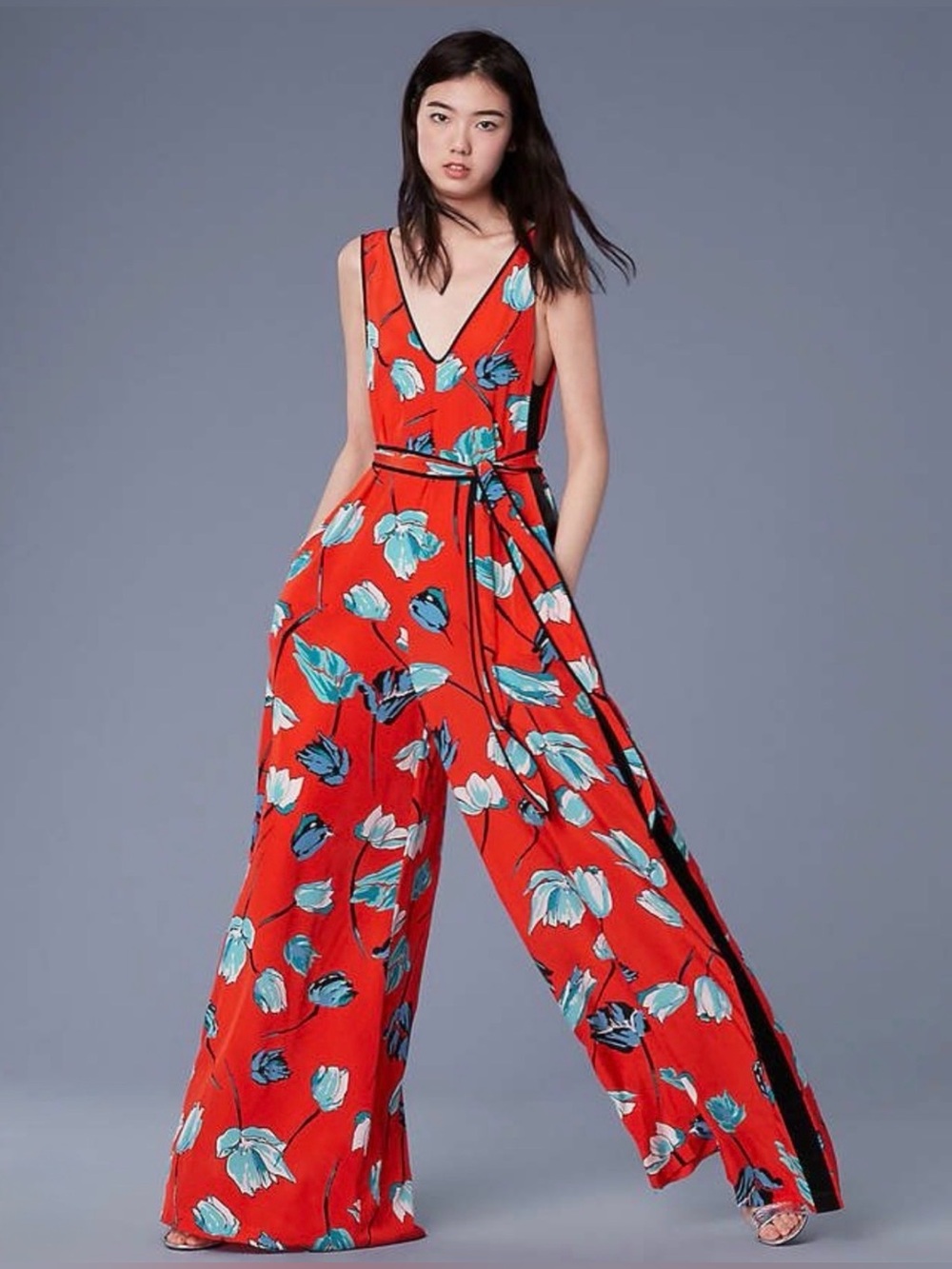 ❤️ Diane von Furstenberg Silk Floral Wide Leg Jumpsuit Palazzo Romper Size 4